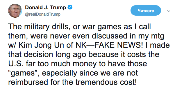 Трамп заявил, что не обсуждал с Ким Чен Ыном прекращение совместных учений с Южной Кореей